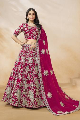 Art Silk Embroidered Rani Pink Lehenga Choli