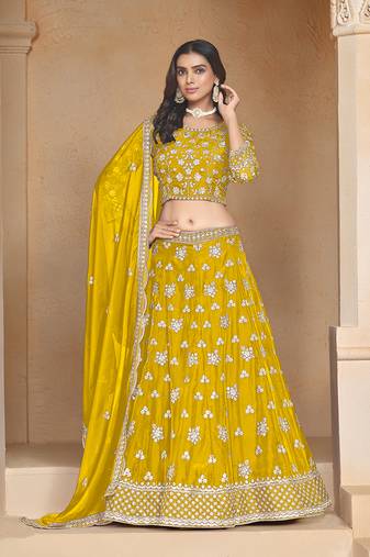 Embroidered Art Silk Yellow Designer Lehenga Choli