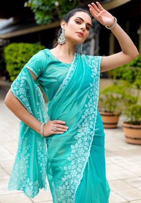 Sky Blue Shimmer Net Embroidered Saree With Unstitched Blouse Piece 1