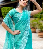 Sky Blue Shimmer Net Embroidered Saree With Unstitched Blouse Piece