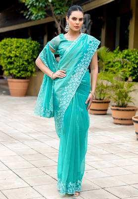 Sky Blue Shimmer Net Embroidered Saree With Unstitched Blouse Piece 2
