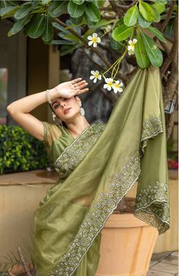 olive shimmer net embroidered saree with unstitched blouse piece 1