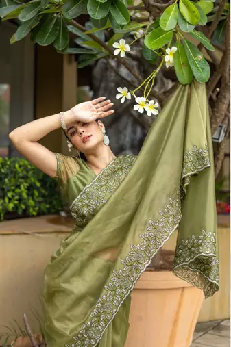 olive shimmer net embroidered saree with unstitched blouse piece
