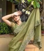 olive shimmer net embroidered saree with unstitched blouse piece