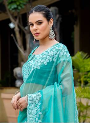 Sky Blue Shimmer Net Embroidered Saree With Unstitched Blouse Piece 3