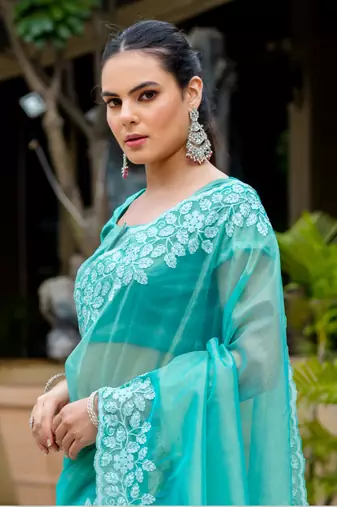 Sky Blue Shimmer Net Embroidered Saree With Unstitched Blouse Piece