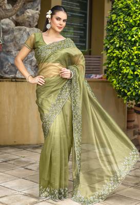 olive shimmer net embroidered saree with unstitched blouse piece 2