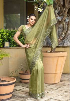olive shimmer net embroidered saree with unstitched blouse piece 4