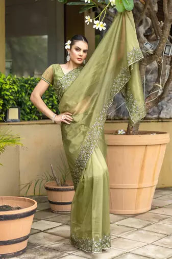 olive shimmer net embroidered saree with unstitched blouse piece