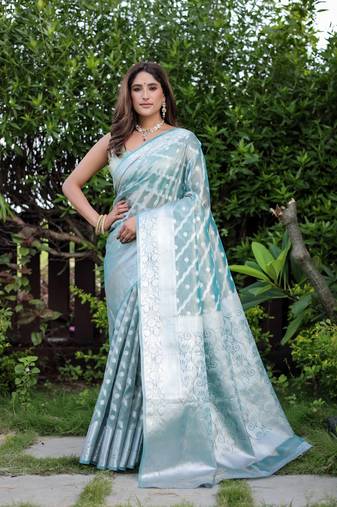 Kimisha women's sky blue tissue kanjeevaram saree with unstitched blouse piece