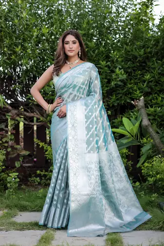 Kimisha women's sky blue tissue kanjeevaram saree with unstitched blouse piece