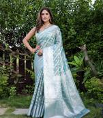 Kimisha women's sky blue tissue kanjeevaram saree with unstitched blouse piece