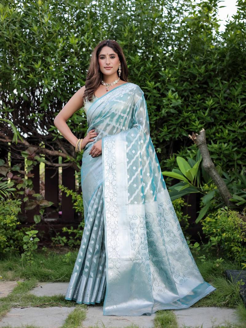 Kimisha women's sky blue tissue kanjeevaram saree with unstitched blouse piece