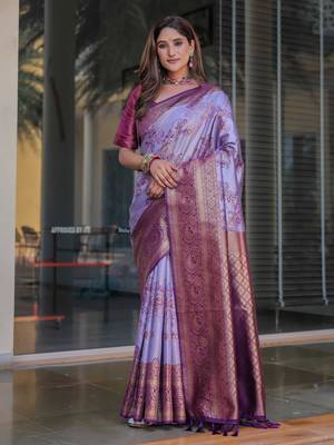 Women'S Lavender silk blend Kanjeevaram Saree With Unstitched Blouse Piece 1