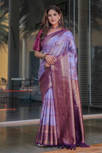 Women'S Lavender Silk Kanjeevaram Saree With Unstitched Blouse Piece