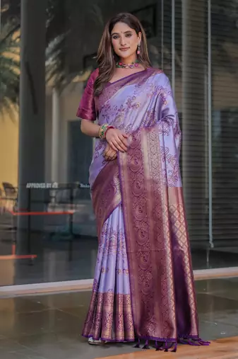 Women'S Lavender Silk Kanjeevaram Saree With Unstitched Blouse Piece