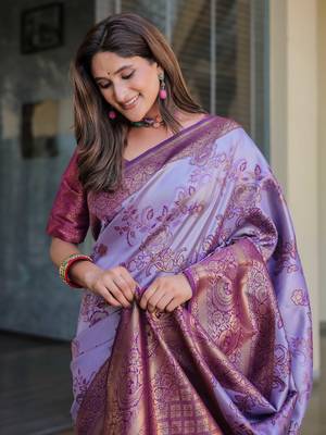 Women'S Lavender silk blend Kanjeevaram Saree With Unstitched Blouse Piece 2