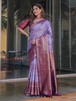 Women'S Lavender silk blend Kanjeevaram Saree With Unstitched Blouse Piece 3