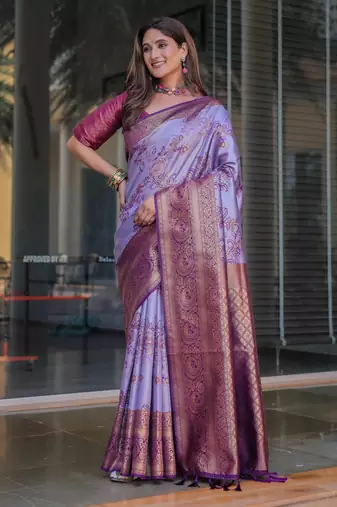 Women'S Lavender silk blend Kanjeevaram Saree With Unstitched Blouse Piece