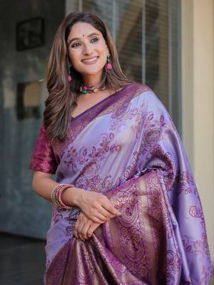 Women'S Lavender silk blend Kanjeevaram Saree With Unstitched Blouse Piece 5