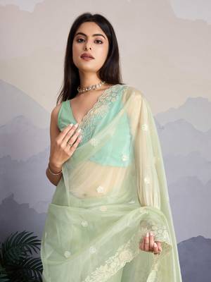 Women'S Pista Shimmer Net Sequinned Saree With Unstitched Blouse Piece 2