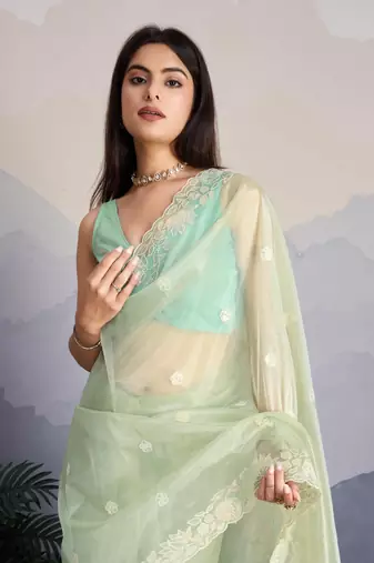 Women'S Pista Shimmer Net Sequinned Saree With Unstitched Blouse Piece