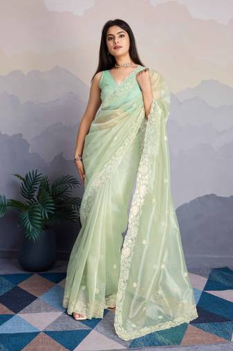 Women'S Pista Shimmer Net Sequinned Saree With Unstitched Blouse Piece