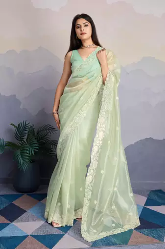 Women'S Pista Shimmer Net Sequinned Saree With Unstitched Blouse Piece