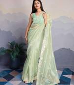 Women'S Pista Shimmer Net Sequinned Saree With Unstitched Blouse Piece
