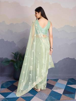 Women'S Pista Shimmer Net Sequinned Saree With Unstitched Blouse Piece 3