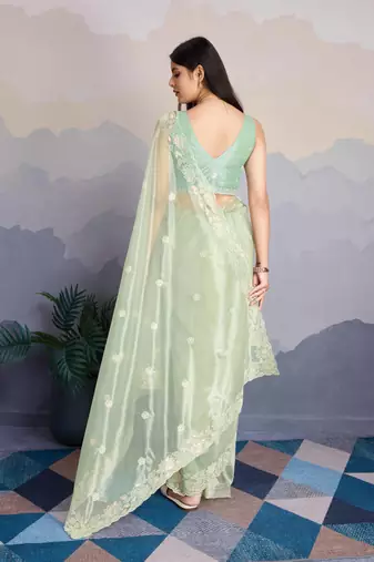 Women'S Pista Shimmer Net Sequinned Saree With Unstitched Blouse Piece