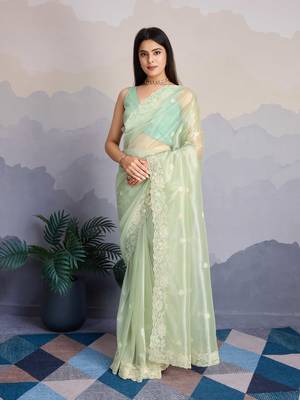 Women'S Pista Shimmer Net Sequinned Saree With Unstitched Blouse Piece 4