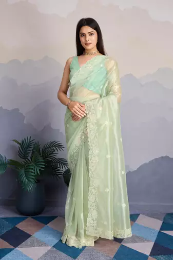 Women'S Pista Shimmer Net Sequinned Saree With Unstitched Blouse Piece