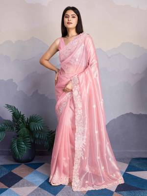 Pink Shimmer Net Embroidered Saree With Unstitched Blouse Piece 1