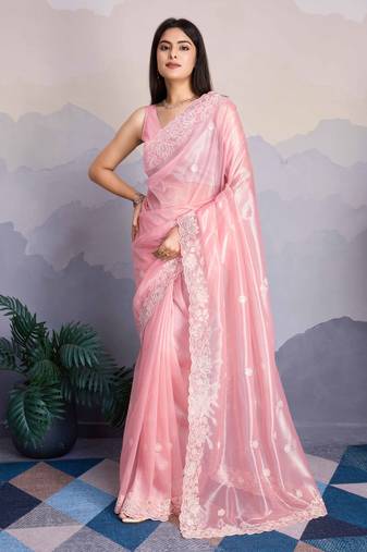 Pink Shimmer Net Embroidered Saree With Unstitched Blouse Piece