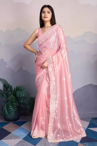Pink Shimmer Net Embroidered Saree With Unstitched Blouse Piece