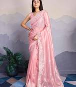Pink Shimmer Net Embroidered Saree With Unstitched Blouse Piece