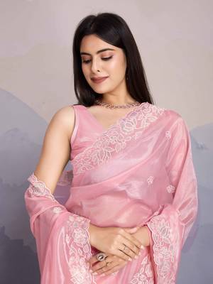 Pink Shimmer Net Embroidered Saree With Unstitched Blouse Piece 2