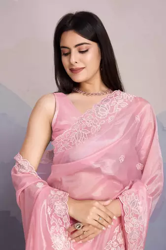 Pink Shimmer Net Embroidered Saree With Unstitched Blouse Piece