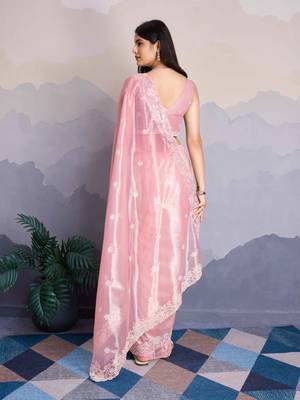 Pink Shimmer Net Embroidered Saree With Unstitched Blouse Piece 3