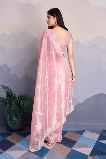 Pink Shimmer Net Embroidered Saree With Unstitched Blouse Piece