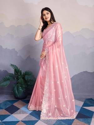Pink Shimmer Net Embroidered Saree With Unstitched Blouse Piece 4