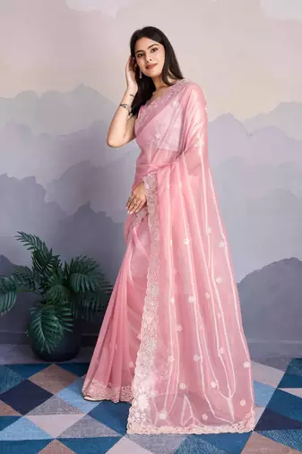 Pink Shimmer Net Embroidered Saree With Unstitched Blouse Piece