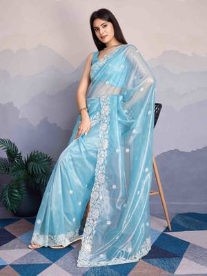 Women'S Sky Blue Shimmer Net Embroidered Saree With Unstitched Blouse Piece 1