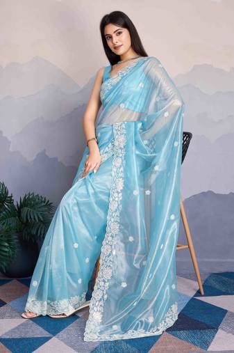 Women'S Sky Blue Shimmer Net Embroidered Saree With Unstitched Blouse Piece