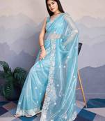 Women'S Sky Blue Shimmer Net Embroidered Saree With Unstitched Blouse Piece