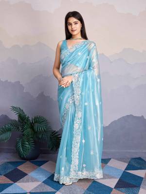 Women'S Sky Blue Shimmer Net Embroidered Saree With Unstitched Blouse Piece 3
