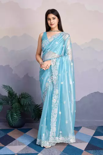 Women'S Sky Blue Shimmer Net Embroidered Saree With Unstitched Blouse Piece