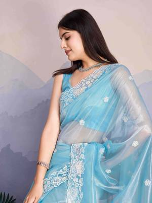 Women'S Sky Blue Shimmer Net Embroidered Saree With Unstitched Blouse Piece 4