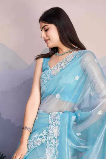 Women'S Sky Blue Shimmer Net Embroidered Saree With Unstitched Blouse Piece